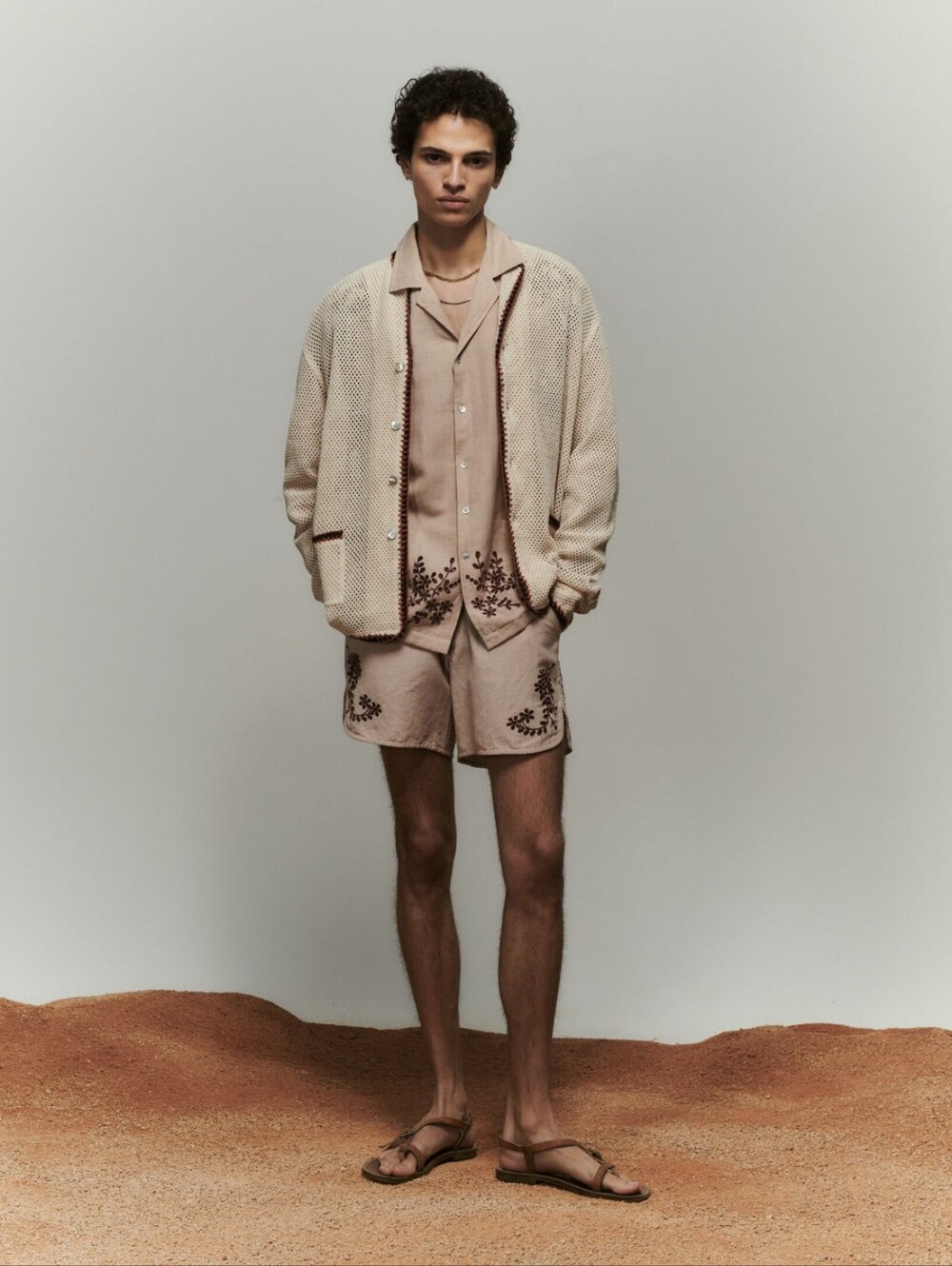 Baziszt Vine Shirt And Shorts Set Beige Embroidered Two-Piece